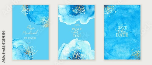 Set of vertical backgrounds. Blue watercolor fluid painting vector design. Dusty pastel, neutral and golden marble. Dye elegant soft splash style. Alcohol ink imitation. Wedding cards.