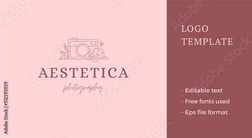Gorgeous photo camera lens blossom botanical beauty blog line art emblem vector illustration