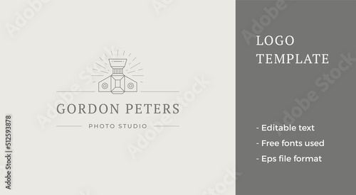 Minimalist shooting vintage camera bright illumination glow top view line art logo vector