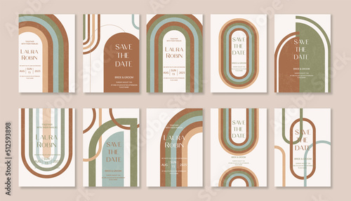 Set of Boho Arch Wedding Invitation Terraccota Rust Beige Modern Retro 70s Rainbow Sage Arch Moss Abstract Japandi Minimalism.