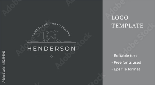 Minimalist photo video camera lens with natural mountain landscape design line art logo vector