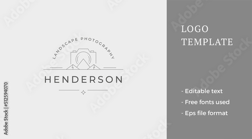 Minimalist photo video camera lens with natural mountain landscape design line art logo vector