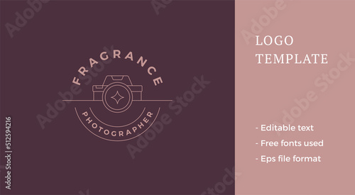 Photo video camera lens glare travel blogger monochrome emblem circle place text line logo vector