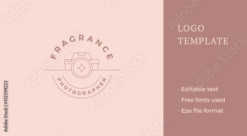 Photo video camera lens glare travel blogger monochrome emblem circle place text line logo vector