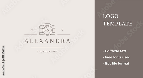 Professional photographer camera lens glare minimalist line logo vector illustration