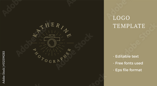 Minimalist vintage photo camera line art glare illuminated circle place for text logo vector