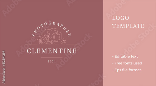 Monochrome photo camera lens botanical blossom line art logo isometric vector illustration