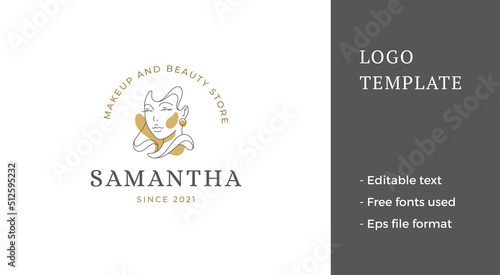 Premium beauty logo female face continuous line pastel spot decorative design vector