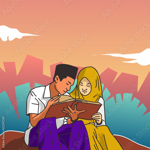 indonesian muslim husband and wife are reading a book together with a sunset background