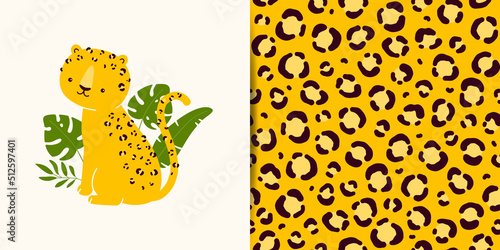 Vector collection - print with cute leopard character plus seamless pattern with animal skins