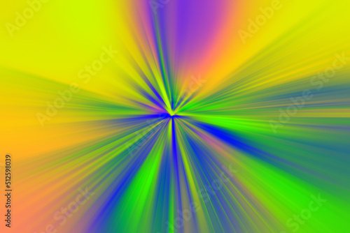 Abstract surface of radial blur zoom in acid green, blue and pink colors. Bright neon background with radial, diverging, converging lines. 