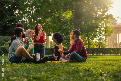 Obraz na plátně Small group having picnic at park