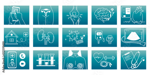 Medical icons of different directions medicine: gynecology, ultrasound, oncology, therapy, orthopedics, mammology, laboratory tests. Vector illustration