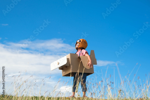 Cute dreamer little girl playing with cardboard planes in the meadow on a sunny day. Happy kid playing with cardboard plane against blue summer sky background. Childhood dream imagination concept.