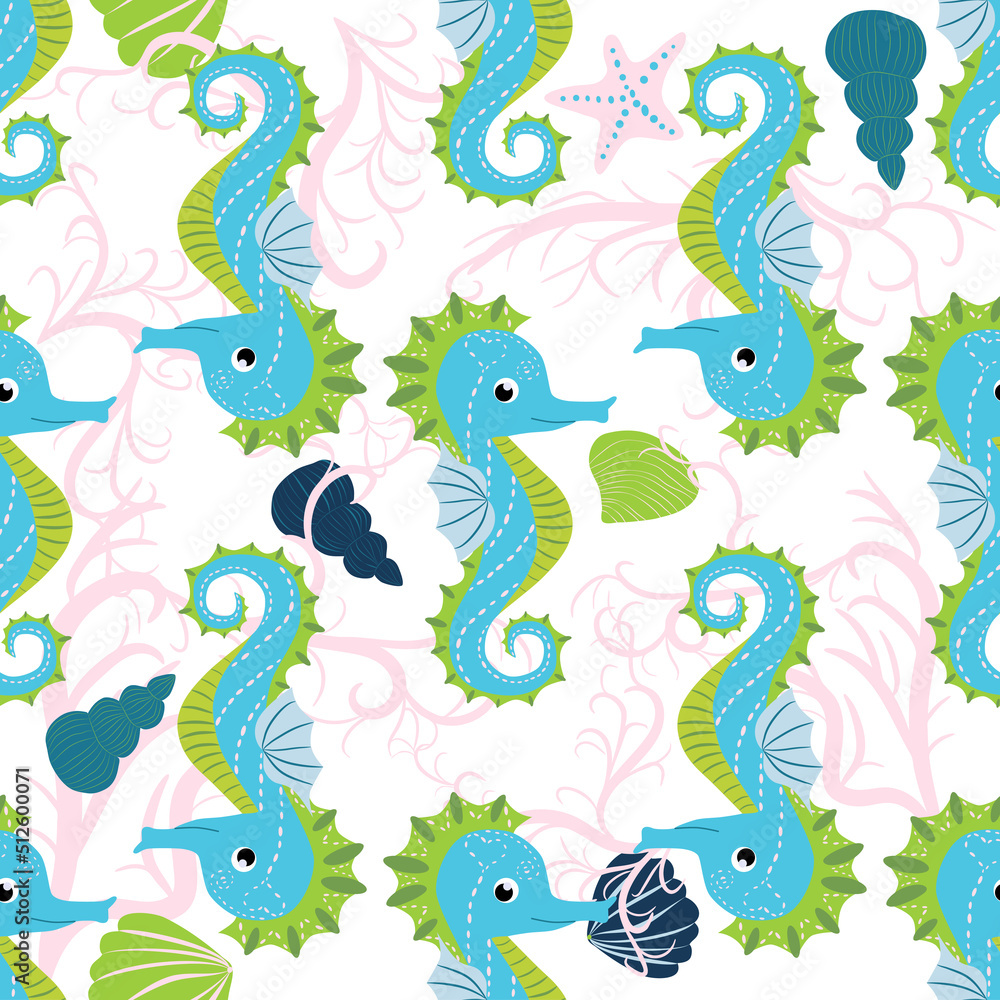 Cute seahorses cartoon seamless pattern. Hand drawn ocean animals. Nautical beach, Sea life fun underwater Cute seahorses cartoon seamless pattern. Hand drawn ocean animals. Nautical beach, Sea life fun underwater