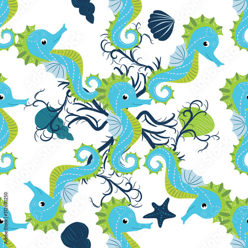 Cute seahorses cartoon seamless pattern. Hand drawn ocean animals. Nautical beach  Sea life fun underwater