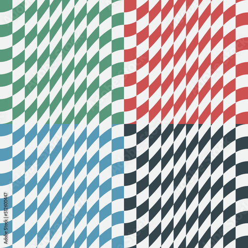 Set of Multi Color Warped Checkers Background Designs. Four Square Checkered Seamless Patterns of Red, Green, Blue and Black Color. Modern Dynamic Textures for Digital, Print And Web Design. 