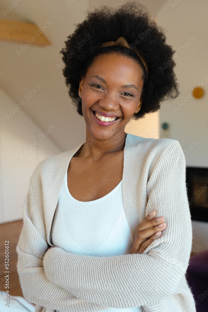 Portrait of cheerful young african american afro woman at home, copy space Portrait of cheerful young african american afro woman at home, copy space