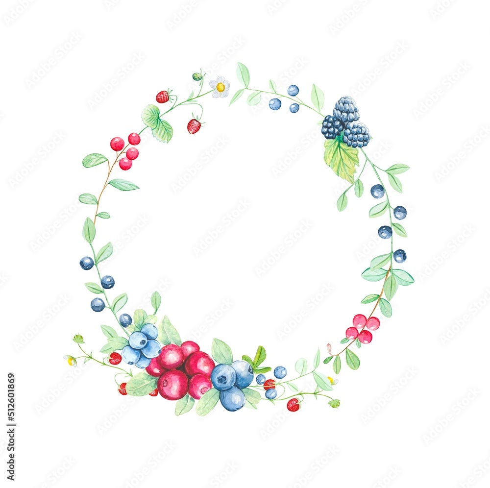 Fototapeta premium Watercolor wreath of wild berries on a white background