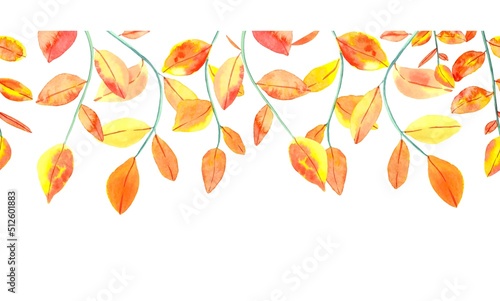 Seamless border with autumn yellow-red watercolor leaves