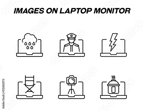 Items on laptop monitor pack. Modern vector monochrome signs. Line icon set with icons of rain, pilot, lightning, chair, camera, multicooker on laptop monitor