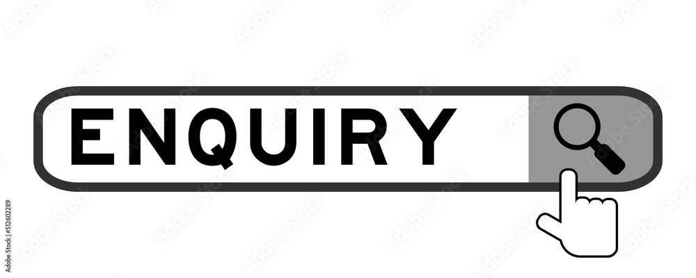 Search banner in word enquiry with hand over magnifier icon on white background Search banner in word enquiry with hand over magnifier icon on white background
