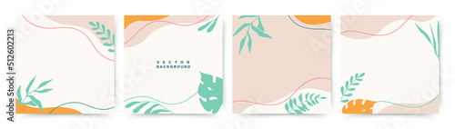 Abstract square background set summer season concept. Banner template with tropical leaves for social media post, mobile app, web, summer sale, promotional content. Vector illustration
