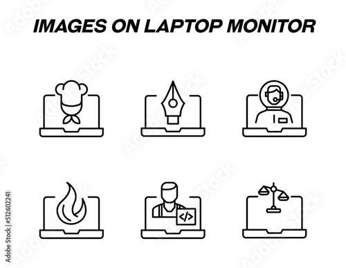 Items on laptop monitor pack. Modern vector monochrome signs. Line icon set with icons of chef, pen tool, astronaut, fire, programmer, scale