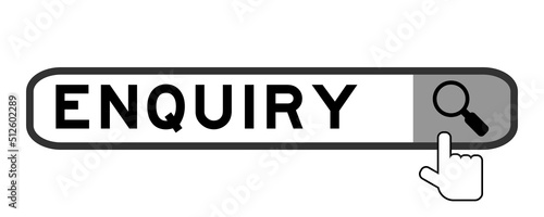Search banner in word enquiry with hand over magnifier icon on white background