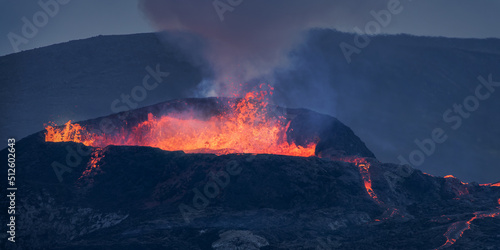 Lava explosion in the crater of the Fagradalsfjall volcano during the eruption in August 2021, Iceland