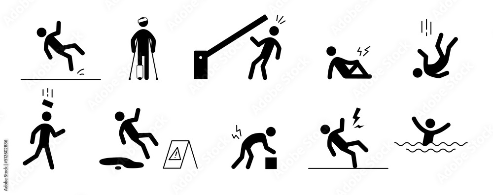 Accident pictogram man icon. Wet floor, injury leg, tipping pain pictogram sign set. Warning, danger icon stick man vector illustration.