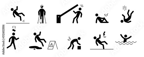 Accident pictogram man icon. Wet floor, injury leg, tipping pain pictogram sign set. Warning, danger icon stick man vector illustration.