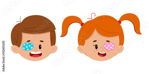 Amblyopia eye patch on boy and girl faces set isolated on white background. Cute ophthalmology kid avatar - children head icons. Flat design cartoon style vector illustration. 