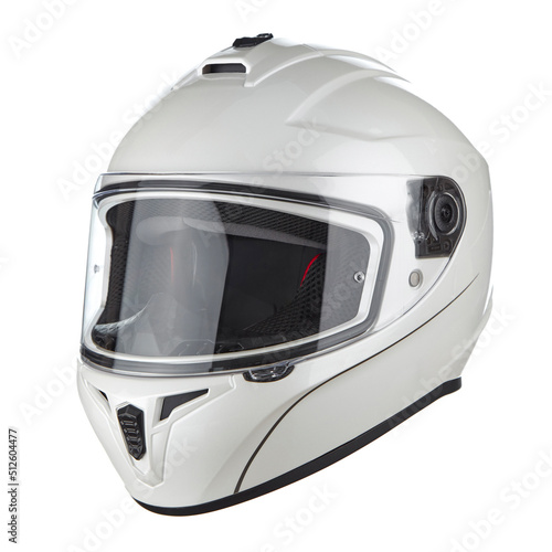 Modern motorcycle helmet made of white glossy carbon fiber, with neck fixation and adjustable air intakes, with a closed glass, isolated on a white background.