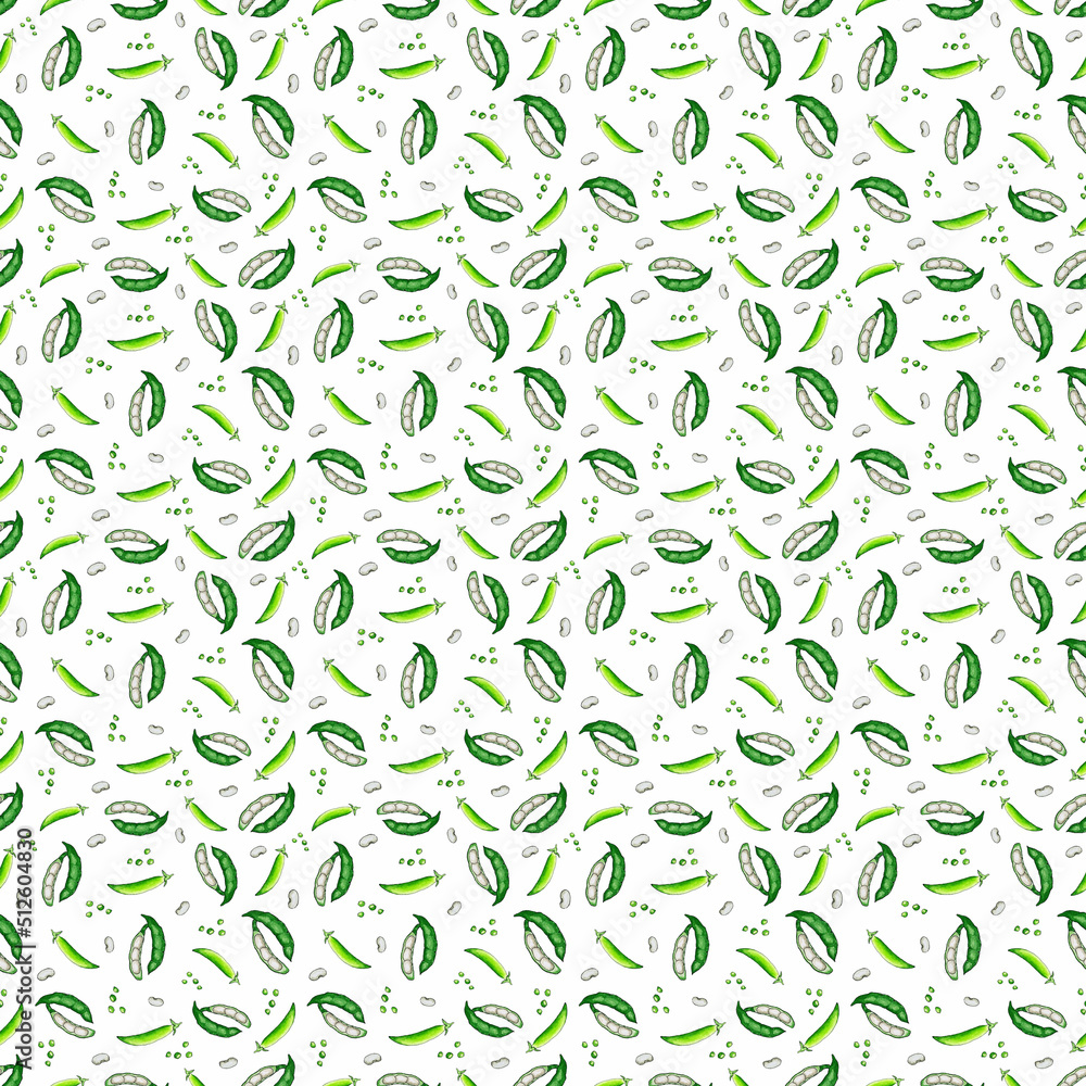 Watercolor green pea and beans. Vegetable seamless pattern with peas and beans. For decorating dishes, textiles, kitchen tiles