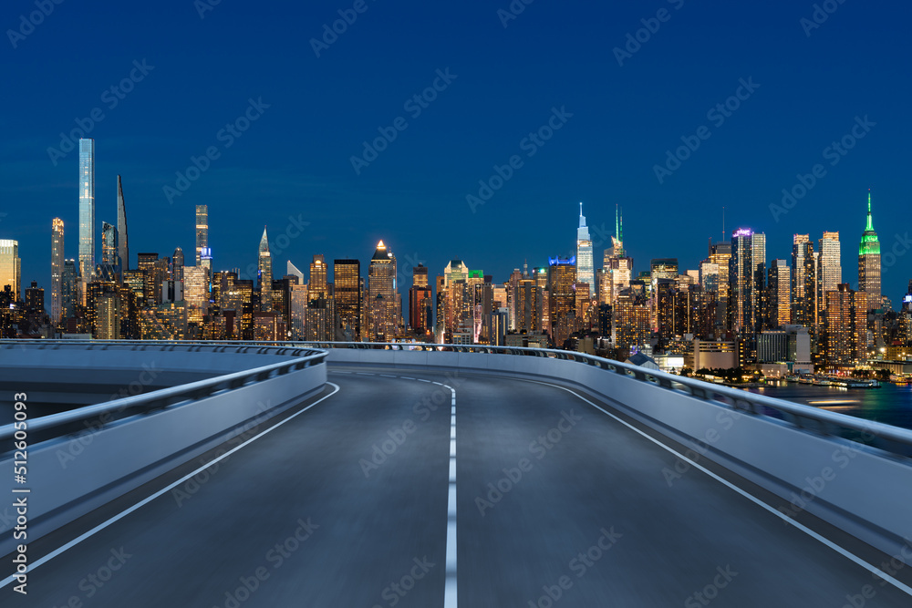 Fototapeta premium Empty urban asphalt road exterior with city buildings background. New modern highway concrete construction. Concept of way to success. Transportation logistic industry fast delivery. New York. USA.