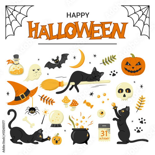 Collection of traditional Halloween elements with cute playful black cats and Happy Halloween lettering. Isolated on white background. Vector objects for traditional event design.