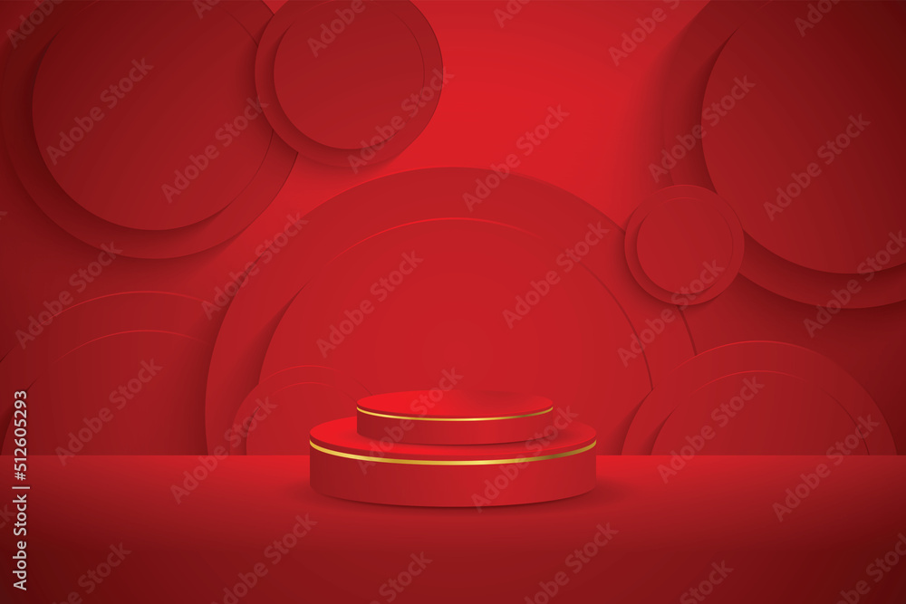 Red podium and modern gold border with a red embossed circle element background. Abstract vector illustration showing a 3D shape for placing a product with copy space. Red podium and modern gold border with a red embossed circle element background. Abstract vector illustration showing a 3D shape for placing a product with copy space.