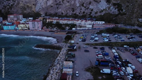 Sandy Beach And Fishing Village At The Catalan Bay In Gibraltar. aerial