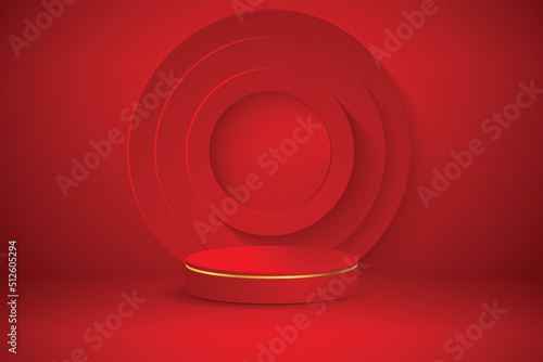 Red podium and modern gold border with a red embossed circle element background. Abstract vector illustration showing a 3D shape for placing a product with copy space.