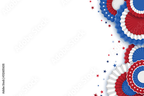 4th of July American Independence Day. Happy Independence Day. Red, blue and white stars, paper decorations on white background. top view, with copy space. Illustrator Vector Eps 10.