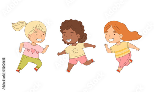 Joyful girls jumping and playing together cartoon vector illustration