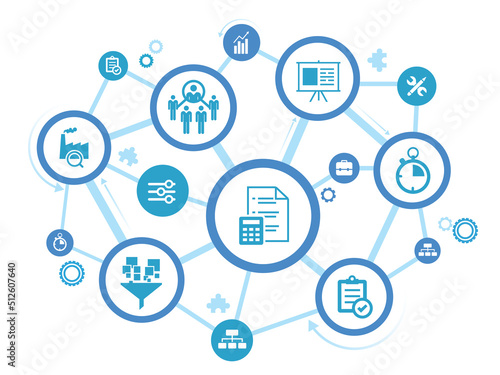 Operations management vector illustration. Blue concept related to organization, project planning and strategy, material flow, input and output