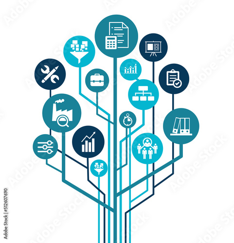 Operations management vector illustration. Blue concept related to organization, project planning and strategy, material flow, input and output