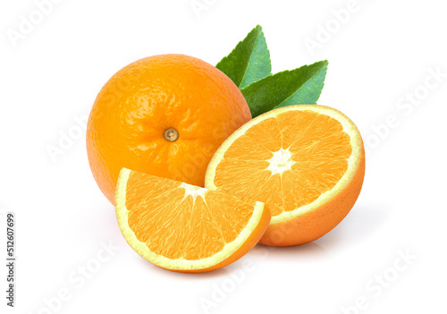 orange fruit with leaf isolated on white