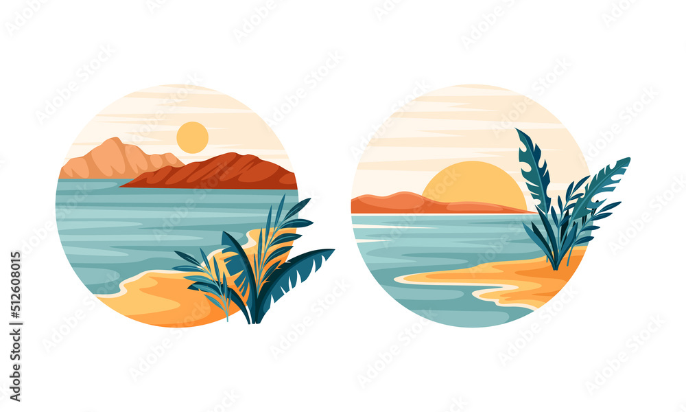 Tropical landscape in circle set. Idyllic scenes of tropical seaside with exotic plants vector illustration