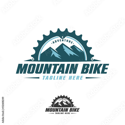Mountain bike club vector logo, cycling logo design adventure, premium quality downhill emblem logo with bike gear icon and mountain element design