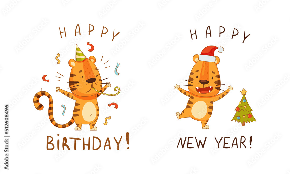 Cute little tigers set. Funny baby animal in party hat celebrating Birthday and Christmas holidays vector illustration