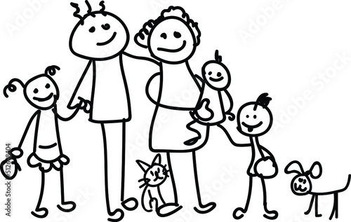 Cartoon stick man drawing illustration of happy family of father, mother, son and daughter, stick family illustration.