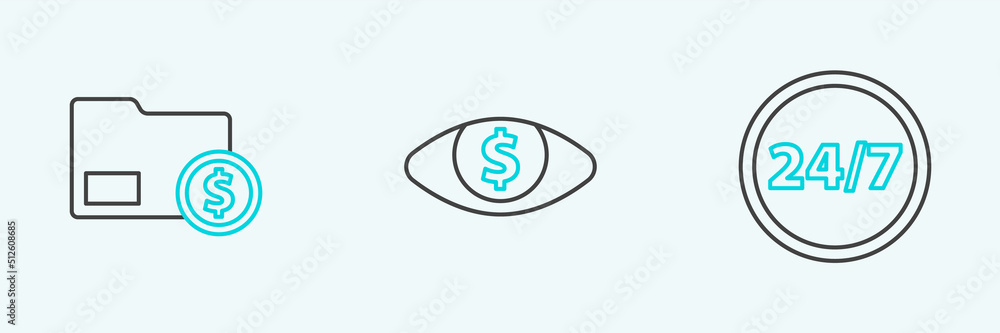Set line Clock 24 hours, Envelope with coin dollar and Eye icon. Vector Set line Clock 24 hours, Envelope with coin dollar and Eye icon. Vector